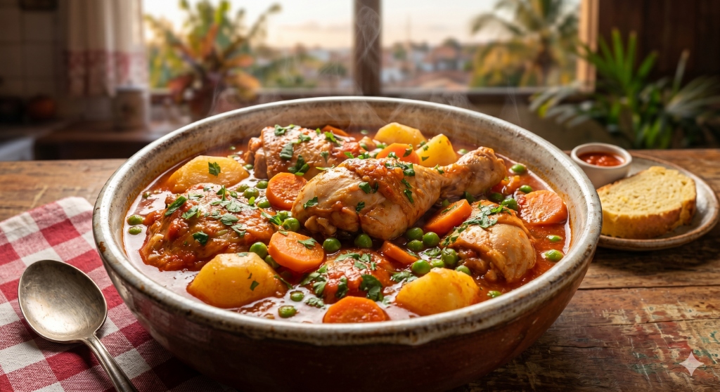 Como fazer frango cozido com batatas e legumes