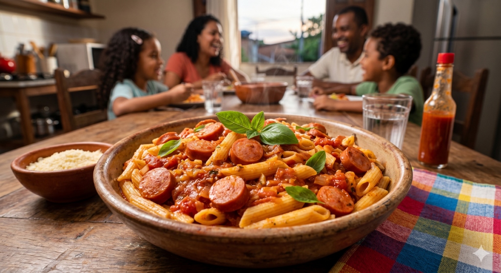 Macarrão com Salsicha Gourmet: Almoço por R$ 10